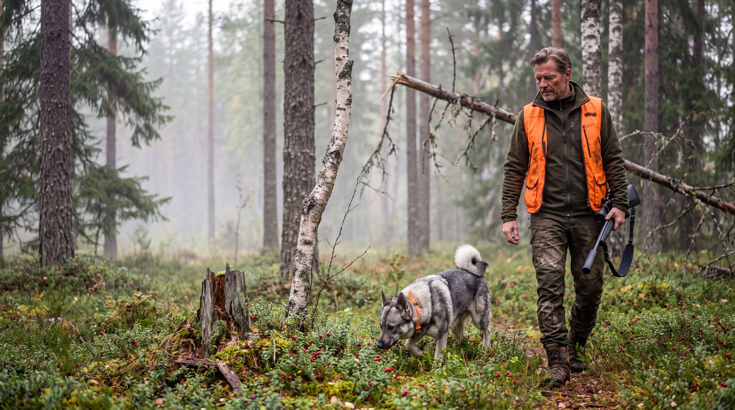 Metsästäjä ja harmaa norjanhirvikoira oranssissa pannassa kulkevat sumuisessa kuusikossa
